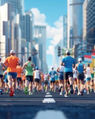 A vibrant city marathon scene with diverse runners in colorful attire, surrounded by tall buildings and a bright sky.