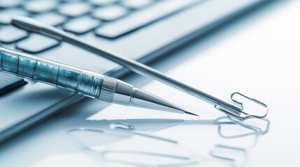 Close-up of a blue pen and paperclip resting on a sleek keyboard, emphasizing productivity
