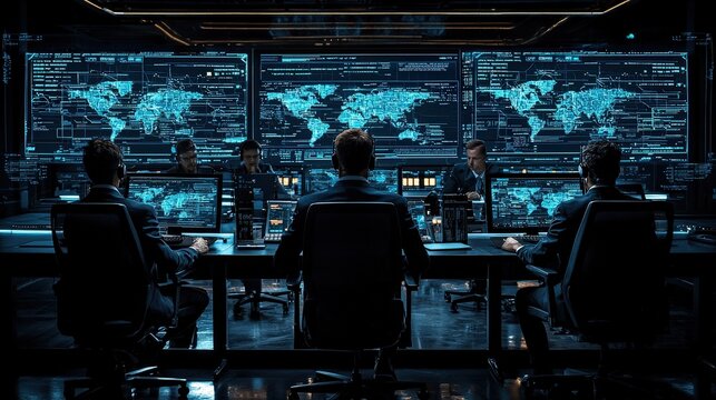 Global network security team monitors data, world map displays, dark control room