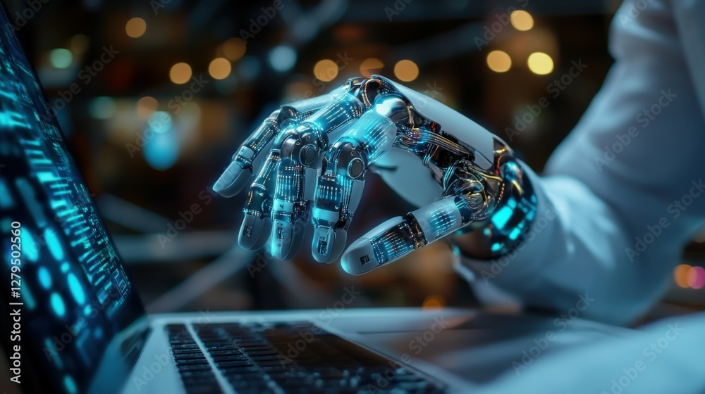 Poster artificial intelligence content generator. a man uses a laptop to interact with ai assistant. ai off
