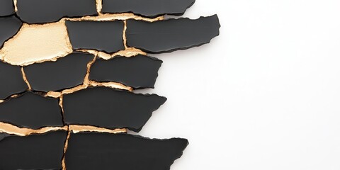 Shattered clay tiles with gold-filled cracks, inspired by the Japanese art of Kintsugi, offering rich contrast and negative space