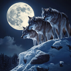 Fototapeta premium A pack of wolves standing on a snowy ridge under a full moon, piercing eyes, thick winter fur, eerie and dramatic atmosphere, ultra-realistic wildlife scene, ultra-HD 8K photography 