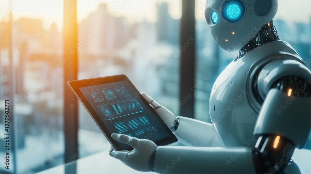 Poster man using tablet with ai chatbot in office modern workspace with large windows and a blurred backgro