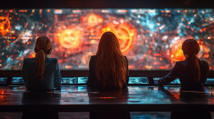 Three women are analyzing data on a large digital display