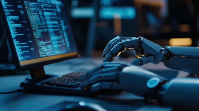 AI prompt chat bot. Search website to generate data, text or image. Man using computer with artificial intelligence app. Virtual assistant in digital creative work. Content generator technology.