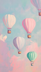 acrylic painting of pastel hot air balloons in the sky, gouache, realism, shades of neon pink, light pink, lavender, white, blue, green and cream, soft pastel color palette, soft golden hour light,