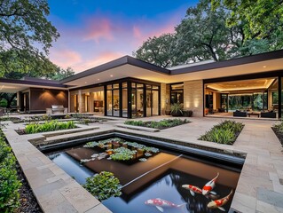 Obraz premium Serene Mid-Century Modern Home with Lush Garden and Tranquil Pool
