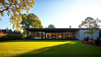 Fototapeta premium The modern individual residential house is surrounded by a well-groomed beautiful lawn