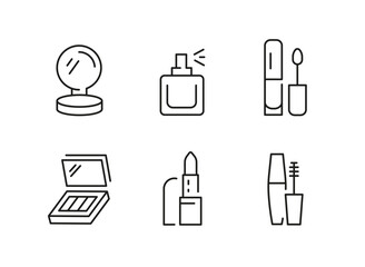 Beauty tools icons. Set of 6 beauty tools trendy minimal icons. Example: Lipstick, Mascara, Eyebrow, Perfume icon. Design signs for web page, mobile app, packaging design. Vector illustration.