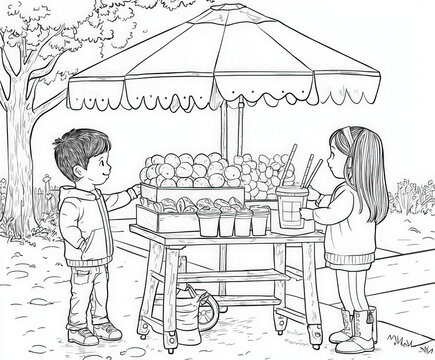 Children setting up a lemonade stand on a sunny day, coloring page for kids, simple outline illustration. Coloring book.