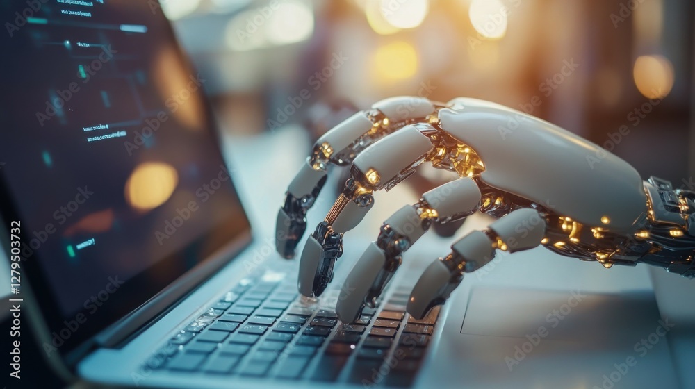 Poster man using laptop for searching of technology smart open ai or artificial intelligence using an artif