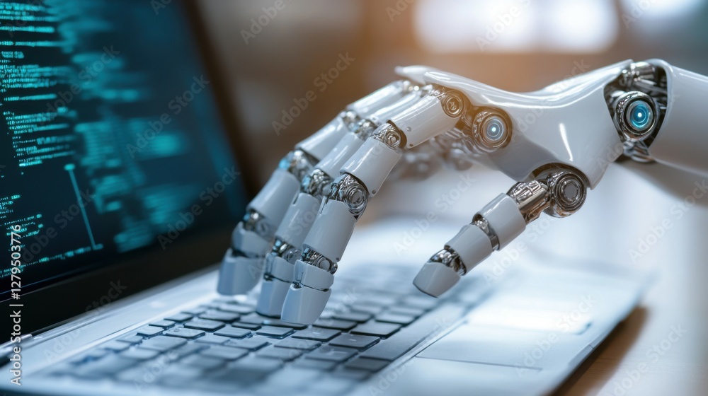 Poster ai robot working on computer