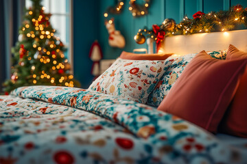 Christmas-themed bedroom with glowing fairy lights and cozy bedd