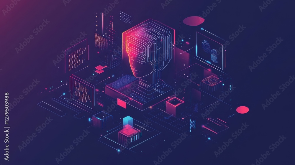 Poster ai learning and artificial intelligence concept - icon graphic interface showing computer, machine t