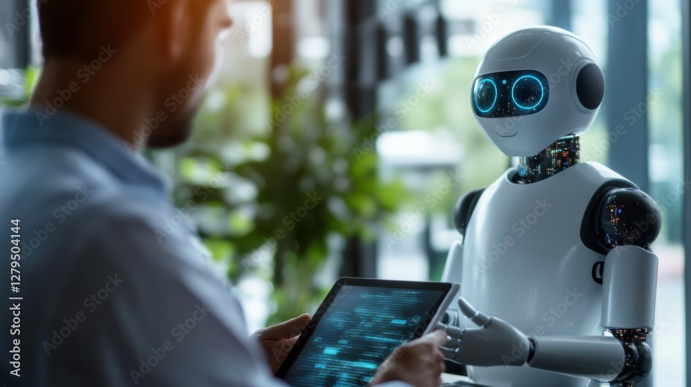 Poster man using tablet with ai chatbot in office modern workspace with large windows and a blurred backgro