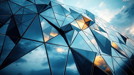Modern triangular glass building facade with dramatic sky reflecting
