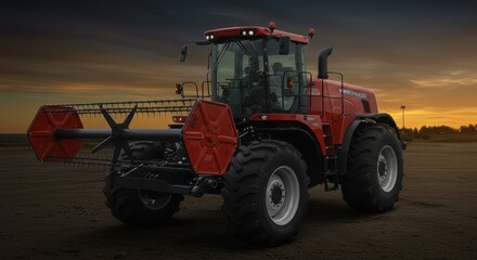 Fototapeta premium Agricultural machinery: Red combine harvester at dusk poised for the fields