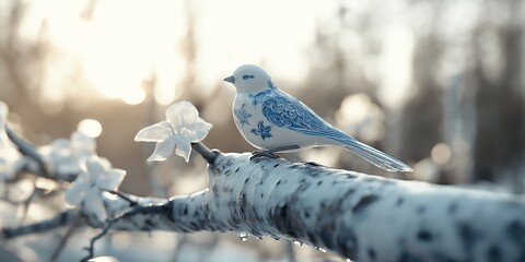 a lone ceramic nightingale, on a branch in a forest on a birch tree