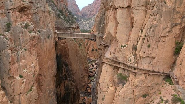 Garganta Gorge, del Chorro and Caminito del Rey, Spain. Aerial shot of a bridge in a narrow gorge, a river flows below. 
