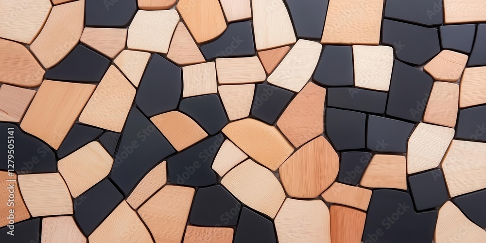 Poster Overlapping tiles in irregular shapes and angles, blending modern geometry with a handmade touch, creating a unique interplay of structured negative space.