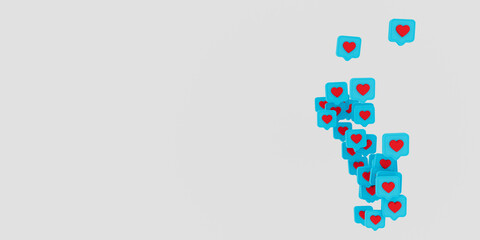 Heart in speech bubble icon isolated on a gray background. Love like heart social media notification icon. Emoji, chat and Social Network. 3d rendering, 3d illustration