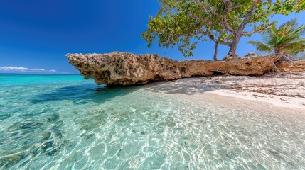 Fototapeta premium Tropical beach, turquoise water, rock formation, tree shade, idyllic getaway