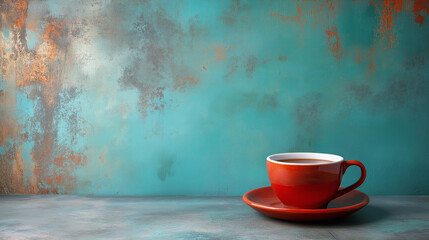  Elegant red cup of coffee against a rustic teal background, perfect for café branding, cozy lifestyle blogs, and inspirational social media posts. Copy space