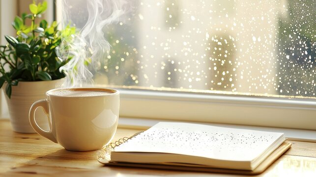  A mug of java by a book and a pot on a windowsill