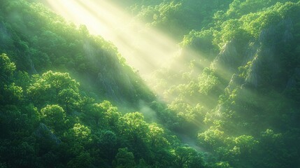 Fototapeta premium Mountain forest sunbeams, mist, vibrant green