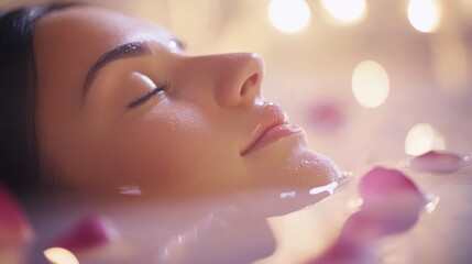 Fototapeta premium Serene Woman Relaxing in Bathtub Surrounded by Flower Petals