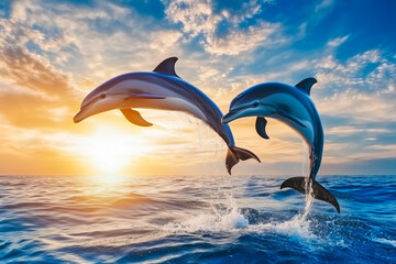 Playful dolphins leaping over ocean at sunset