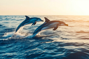 Fototapeta premium Playful dolphins leaping over the ocean at sunset