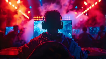 Obraz premium Silhouette of gamer wearing headphones at esports tournament with dramatic red and purple lighting, monitors and crowd in background. Competitive gaming atmosphere.