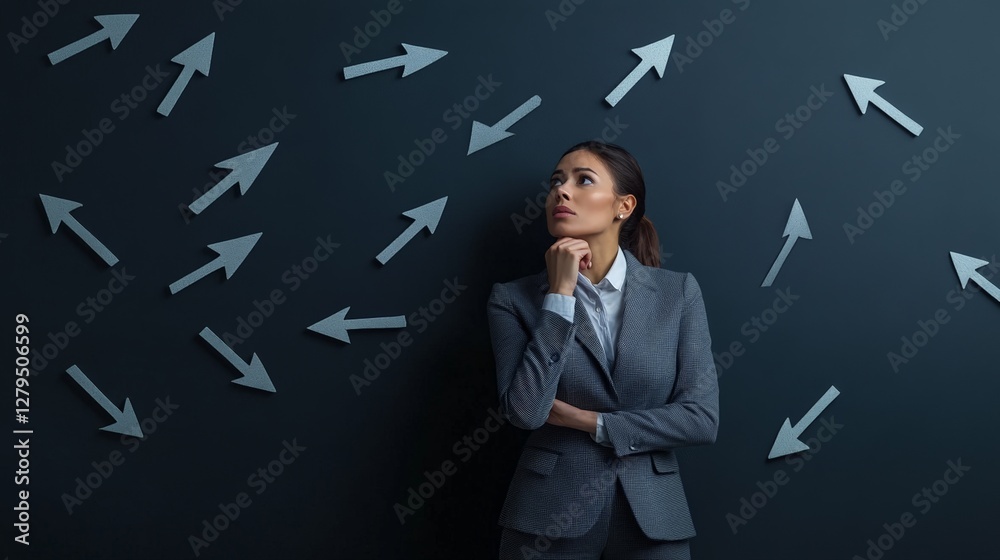 Poster pensive businesswoman standing against a dark wall with many arrows pointing in different directions