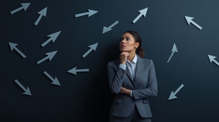 Pensive businesswoman standing against a dark wall with many arrows pointing in different directions, symbolizing her difficult career choices, doubts and decision making process