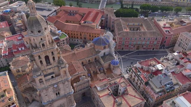 Aerial Close up of Cathedral in Murcia, Spain and streets of City center Old Town. The Capital of Murcia Province. 