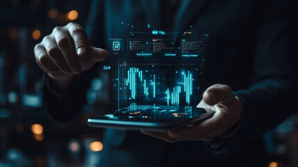 Advanced urban data visualization concept, highlighting dynamic holographic displays of city growth statistics on a handheld device, promoting strategic urban planning.