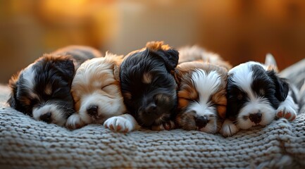 Adorable Cavalier King Charles Spaniel puppies sleeping in a row on knitted blanket, showing different coat colors in warm ambient lighting.