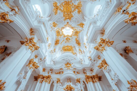 Majestic architectural ceiling with intricate golden details and elegant white columns showcasing stunning craftsmanship in a historic building, luxury design concept
