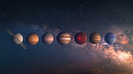 Fototapeta premium Solar system with 8 planets in the foreground, sun in the back, & stars in the distance