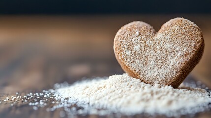 Obraz premium Heart shaped gingerbread cookie dusted with powdered sugar on dark wooden surface, romantic food photography with selective focus and bokeh background.