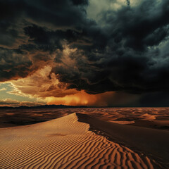 Dark storm clouds over a vast desert landscape, dramatic sky, wind-sculpted sand dunes, golden hues, powerful contrast, cinematic perspective, ultra-HD sharp textures, 8K 