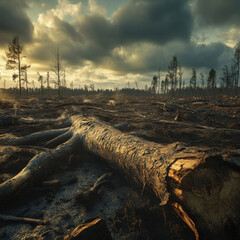 Deforestation crisis scene with felled trees, barren land, environmental destruction impact, dramatic contrast, hyper-detailed textures, high-dynamic range, ultra-HD 8K 