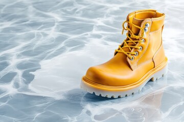Stylish yellow work boot on a reflective surface showcasing durability, comfort, and design for outdoor activities and fashion, footwear concept