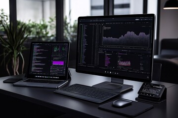 Workspace with modern laptop and monitor displaying code and data.