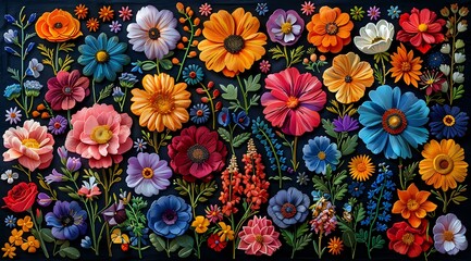 Vibrant wildflowers on dark background, colorful garden composition with poppies, daisies, and cosmos flowers in folk art style, botanical floral arrangement.