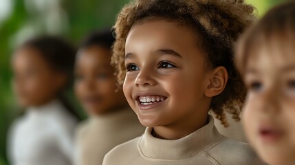 Joyful African American child with curly hair and bright smile wearing beige turtleneck, looking up with genuine happiness against blurred background of diverse classmates.