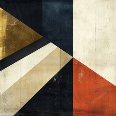 A geometric abstract design featuring triangles and shapes in muted colors, creating a textured, modern art aesthetic.