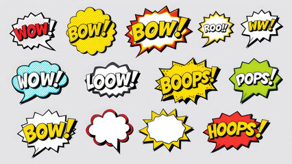 Colorful comic book speech bubbles with playful sounds in various designs. Generative AI