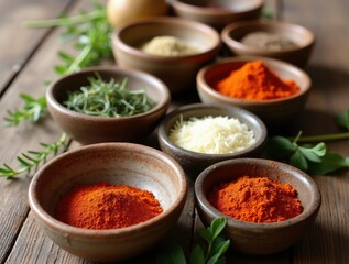 Assorted lamb seasonings like rosemary, thyme, garlic powder, and paprika in ceramic bowls, neatly arranged on a rustic wooden table.